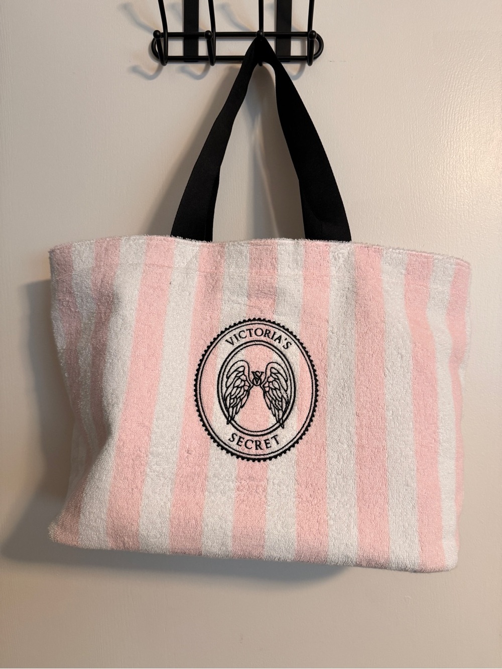 Victoria's Secret Pink & White Striped Tote Bag with Black Handles